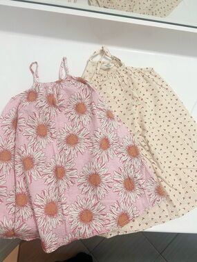 H&M Pink Floral Daisy Sundress & Cream Cherry Print Dress 3t and 4t